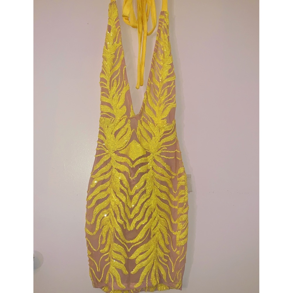 Nude Mesh Dress With Yellow Sequins